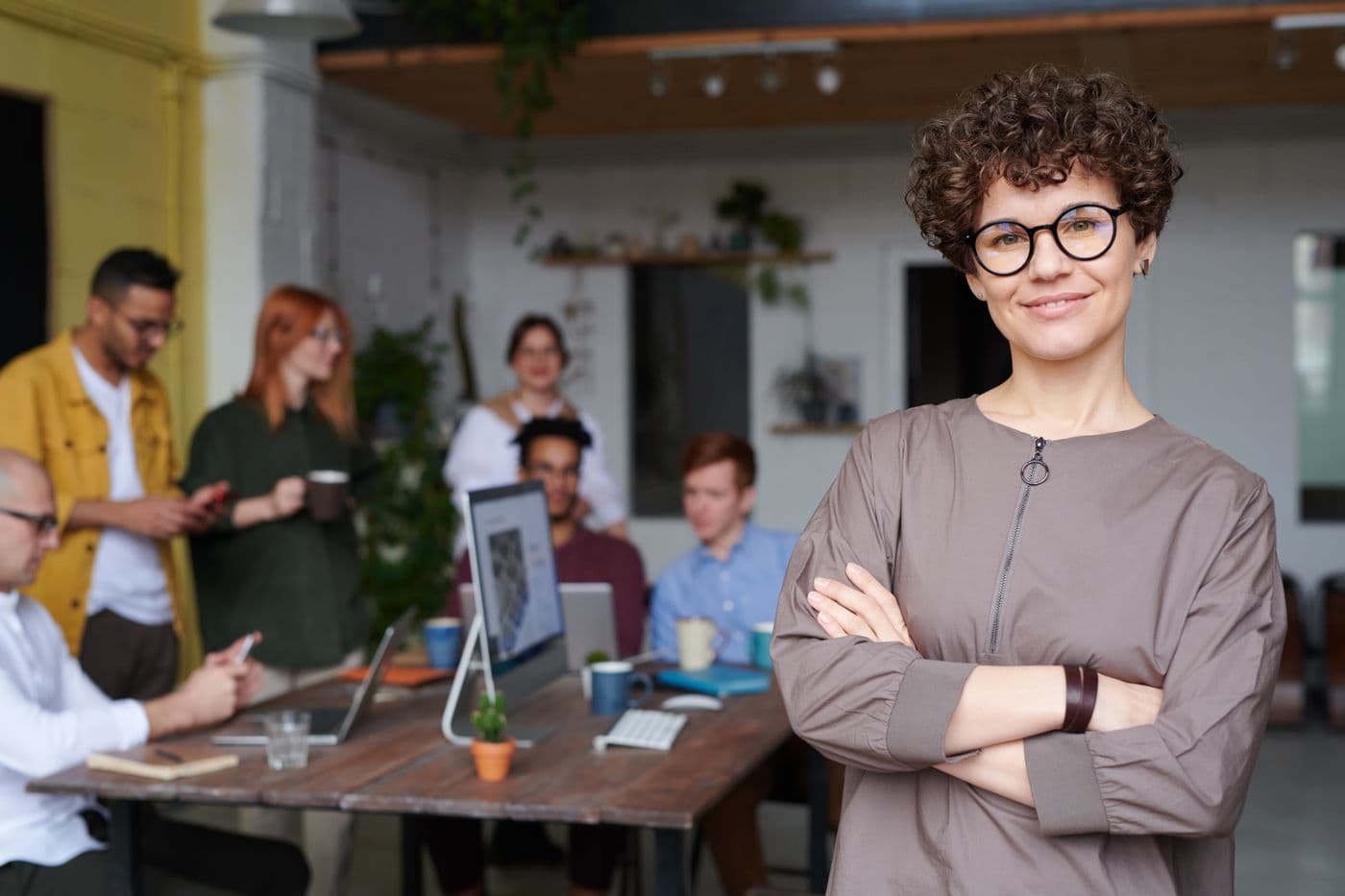 A small business team working together in their office